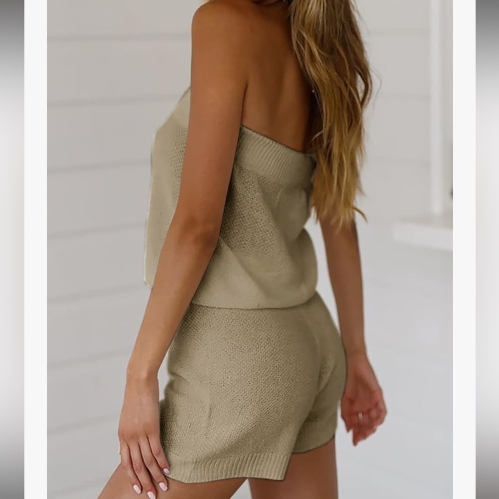 Two Piece Tube Top And Flowy Shorts Set Khaki